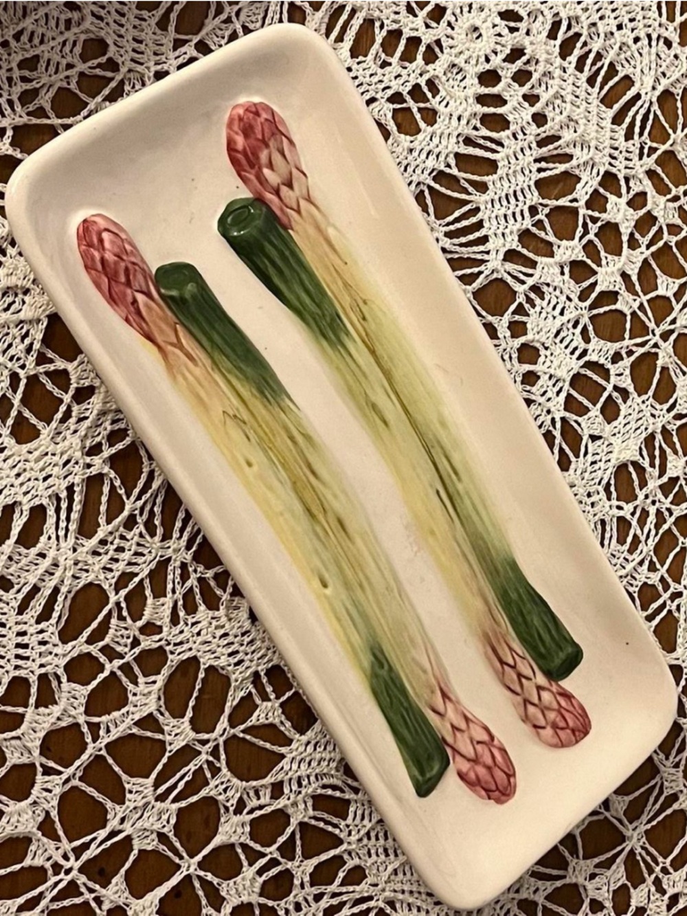 Hand-Painted Olfaire Asparagus Ceramic Serving Tray - Cream, Green, Pink
